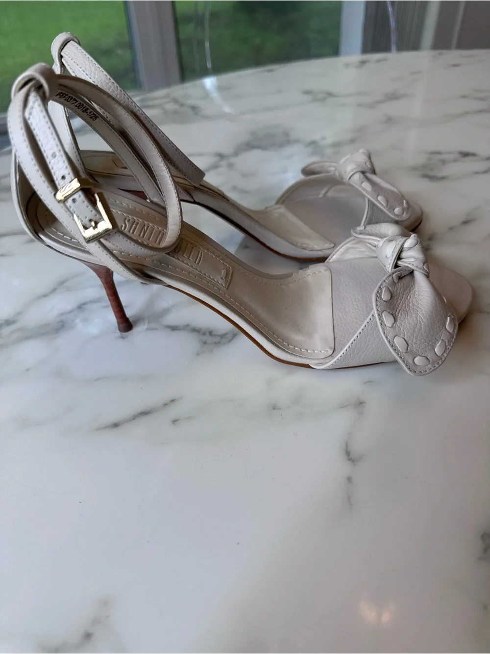 Knot-Bow Ankle-Strap Heels in Cream